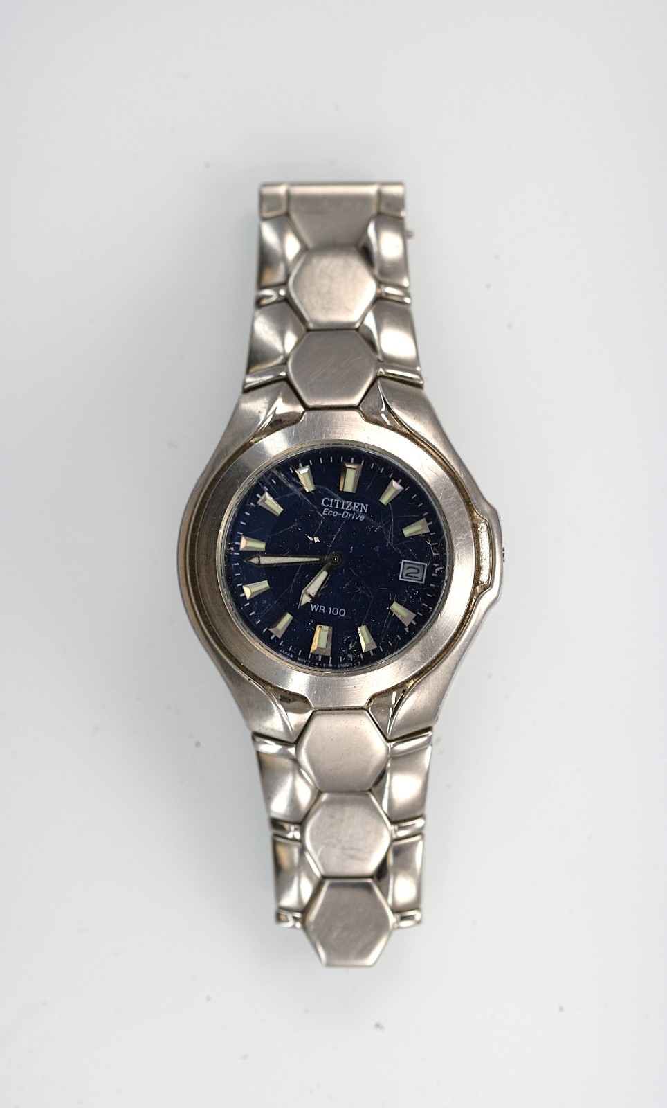 Citizen Eco Drive Watch Men Blue Solar Stainless Steel WR Date NON-WORKING-c9