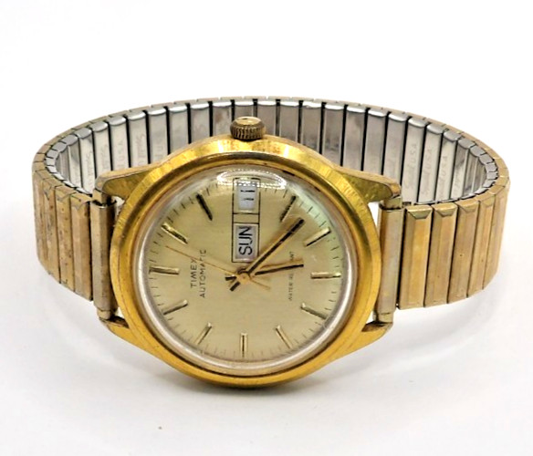 Vtg Timex Automatic Day Date Mens Watch Goldtone 37869 Speidel Band Works!