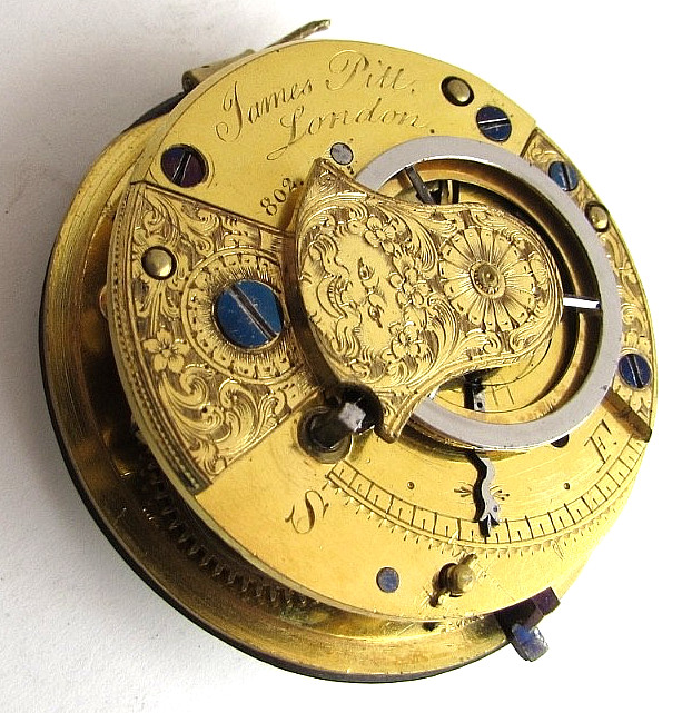 Antique James Pitt London Verge Fusee Pocket Watch Movement Mask Cock c1780-1820