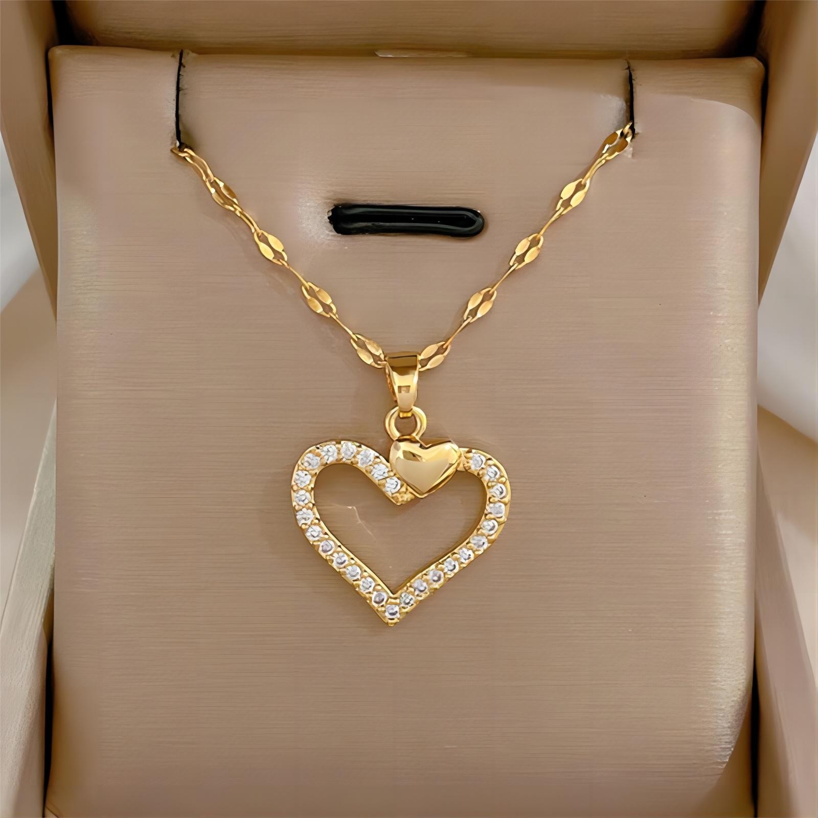 Trendy Heart Stainless Steel Zirconia Necklaces For Women Girls Love Gold Color