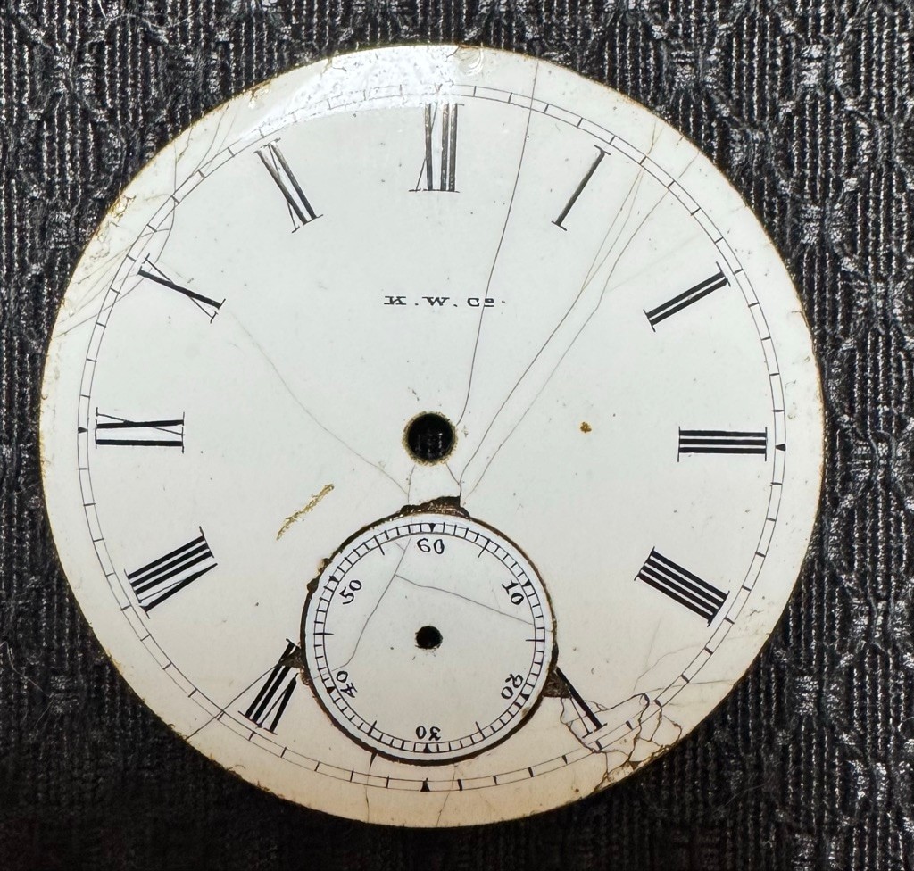 K.W.Co. 18s Roman Numeral Enamel Pocket Watch Dial Chips/Harlines
