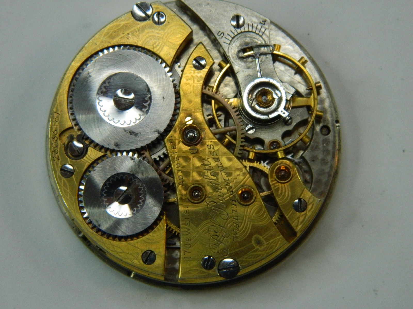 1919 WALTHAM #1908 16S PS BARTLETT GOLD FLASHED POCKET WATCH MOVEMENT – REPAIR