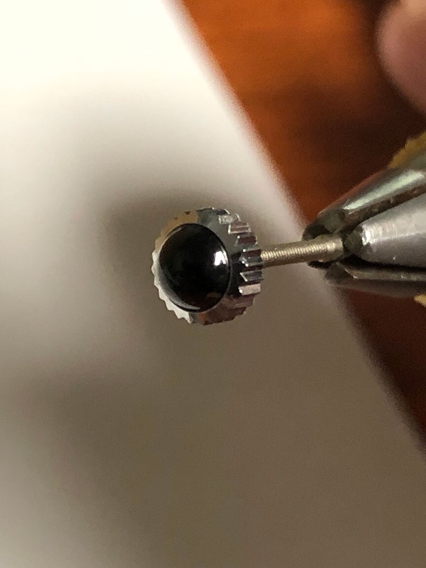 Black Cabochon Stainless Steel / White Watch Crowns NOS O.D. 5.4mm Tap 8