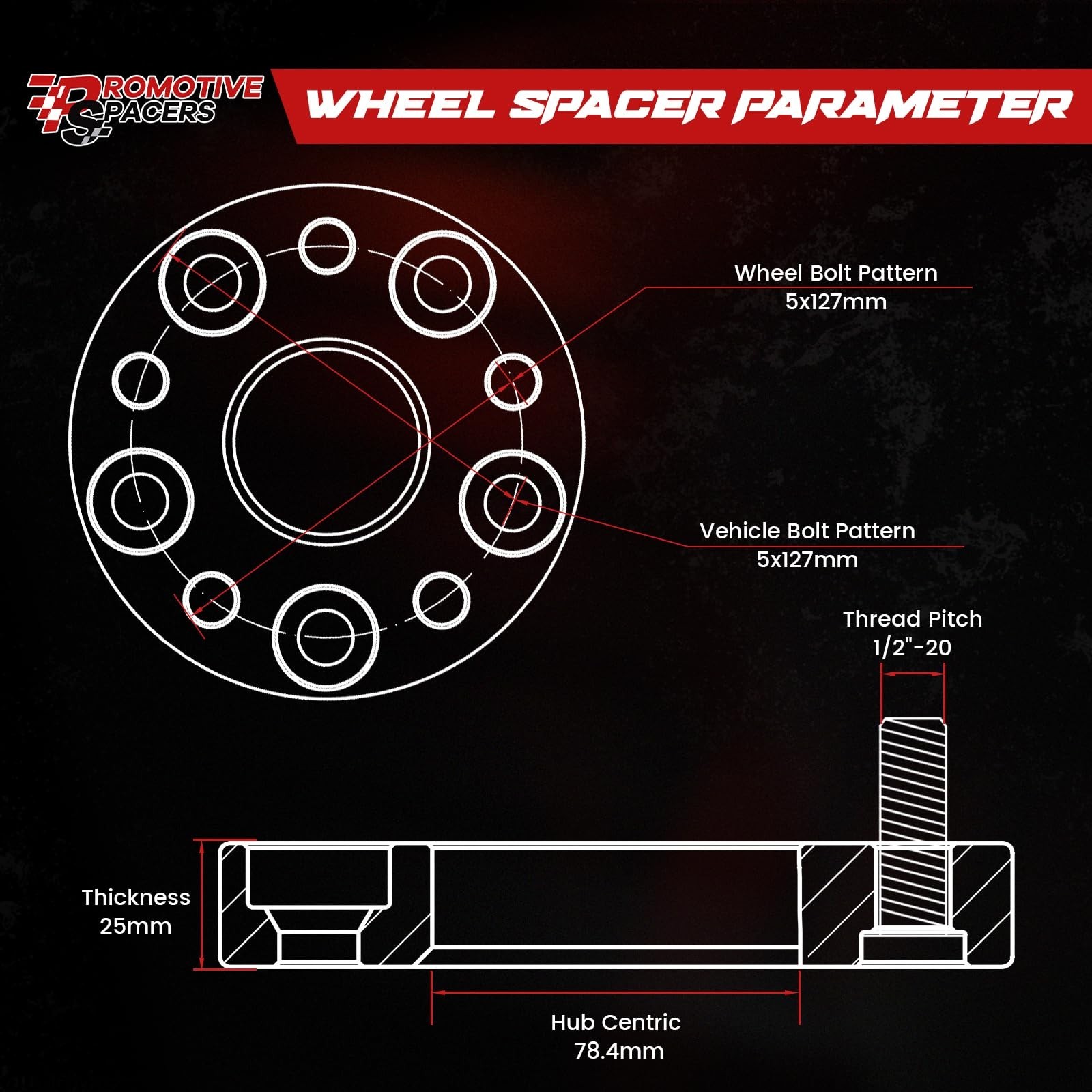 1″ (25mm) Forged Wheel Adapters 5×127 (5×5),78.4mm Center Bore 1/2″ Studs –