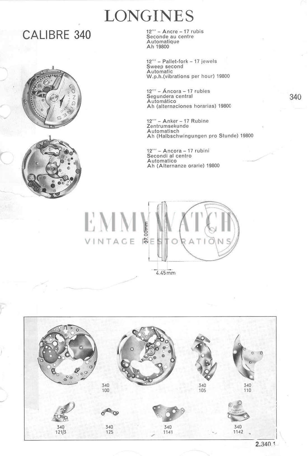 LONGINES CAL. 340 MOVEMENT PARTS – SELECT AN ITEM