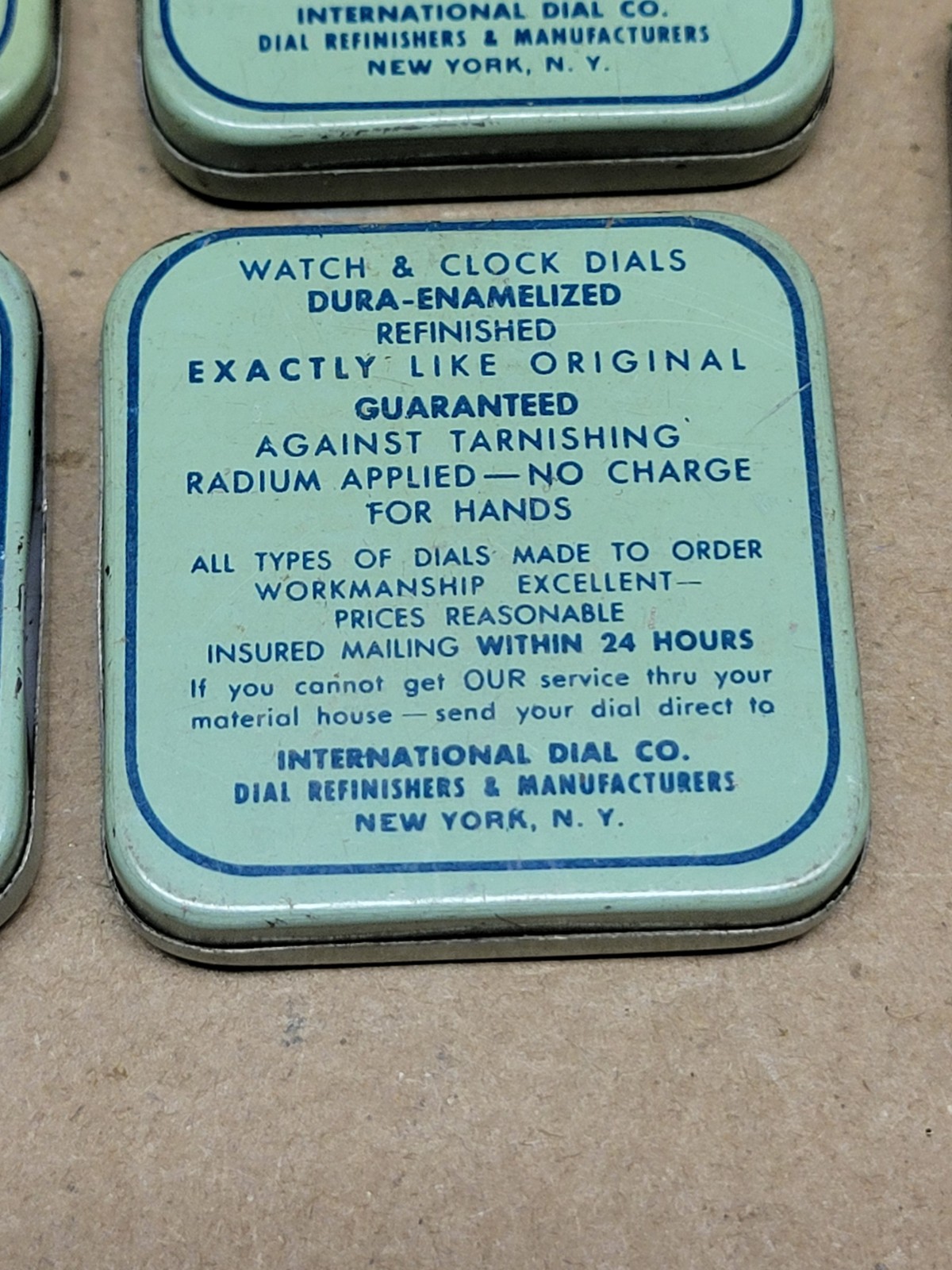 4 International Dial Co Watchmaker Small Parts Storage Tins Metal Tin + 2 Extra