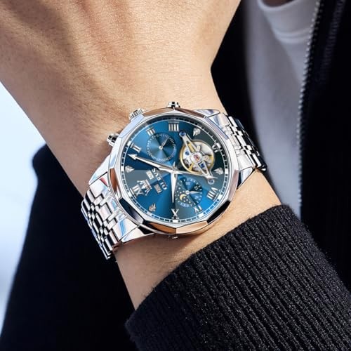 Men Automatic Watch Diamond Skeleton Mechanical G6620: Silver band & Blue dial