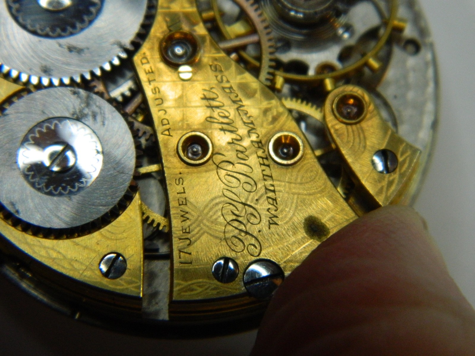 1919 WALTHAM #1908 16S PS BARTLETT GOLD FLASHED POCKET WATCH MOVEMENT – REPAIR