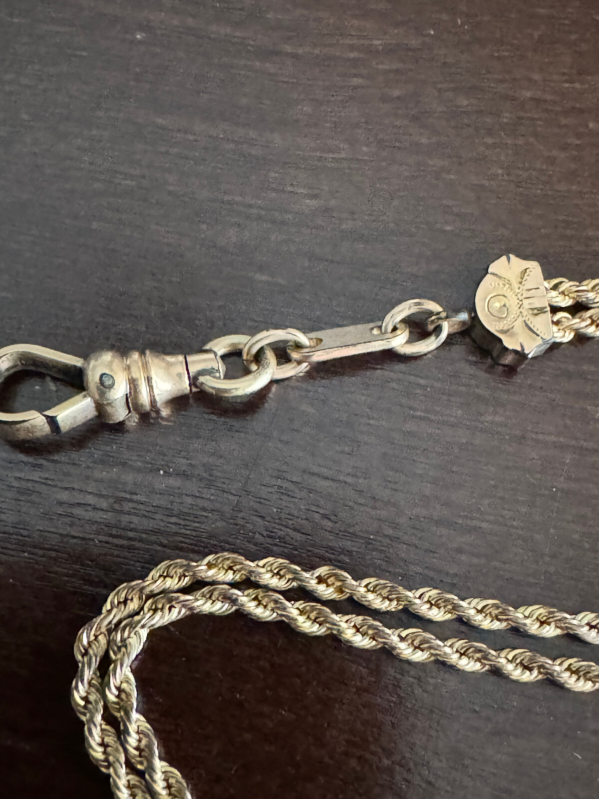 VINTAGE 11 INCH R.S.OO POCKET WATCH CHAIN WITH T-BAR, FINIALS AND LOCKET G.F.