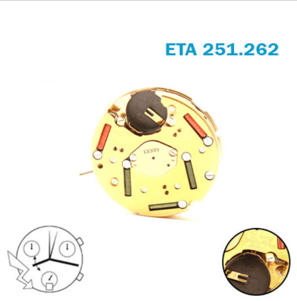 ETA 251.262 GUCCI-Swiss Quartz Movement-Chronograph-White Date Disk At 6-7Jewels