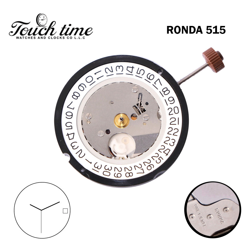 Ronda 515 Swiss Quartz Movement, White Date Disk at 3, 3 Hands.