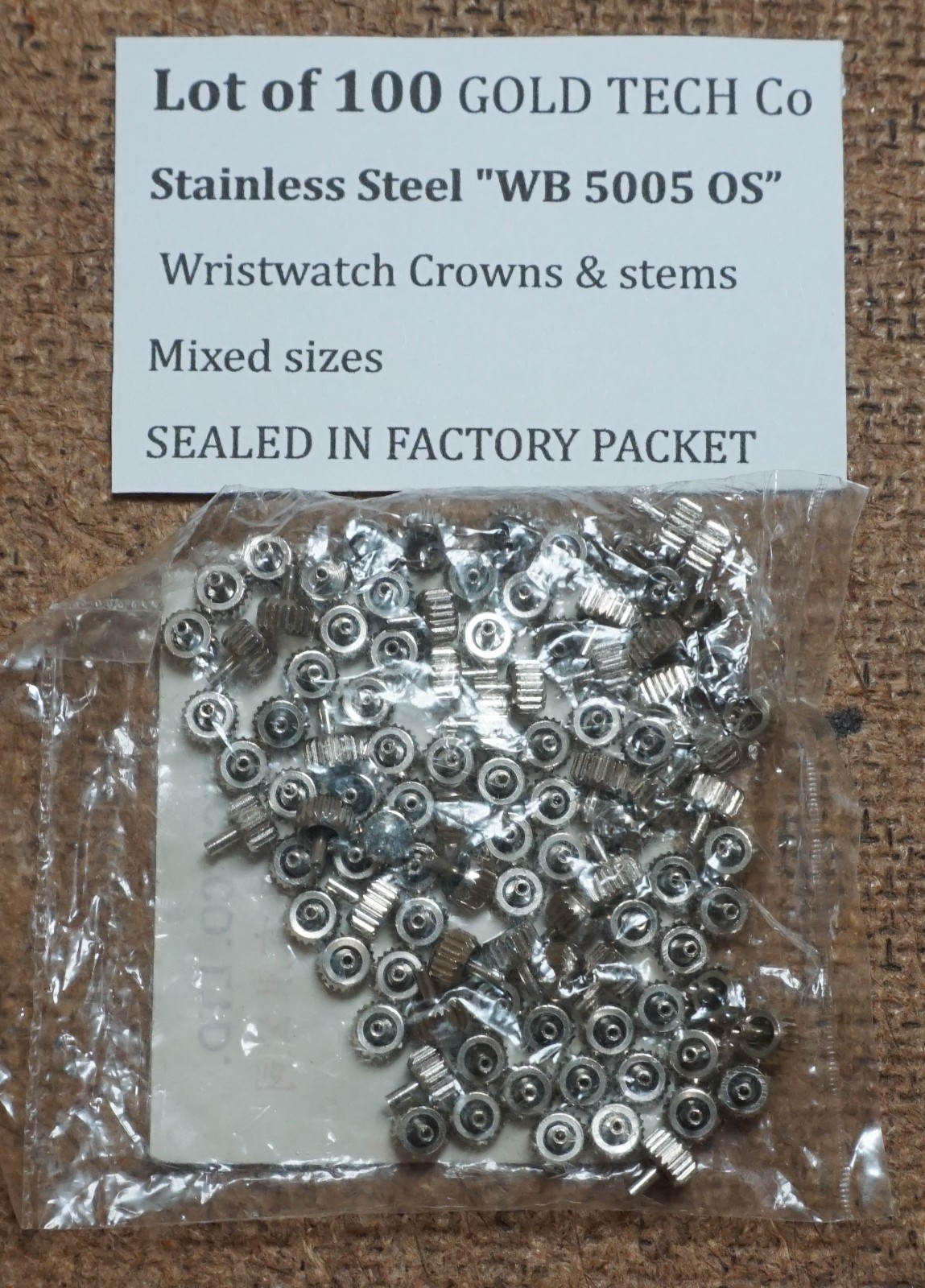 100 GOLD TECH “WB 5005” OS Stainless Steel Watch MIXED SIZES Crowns & stems NOS