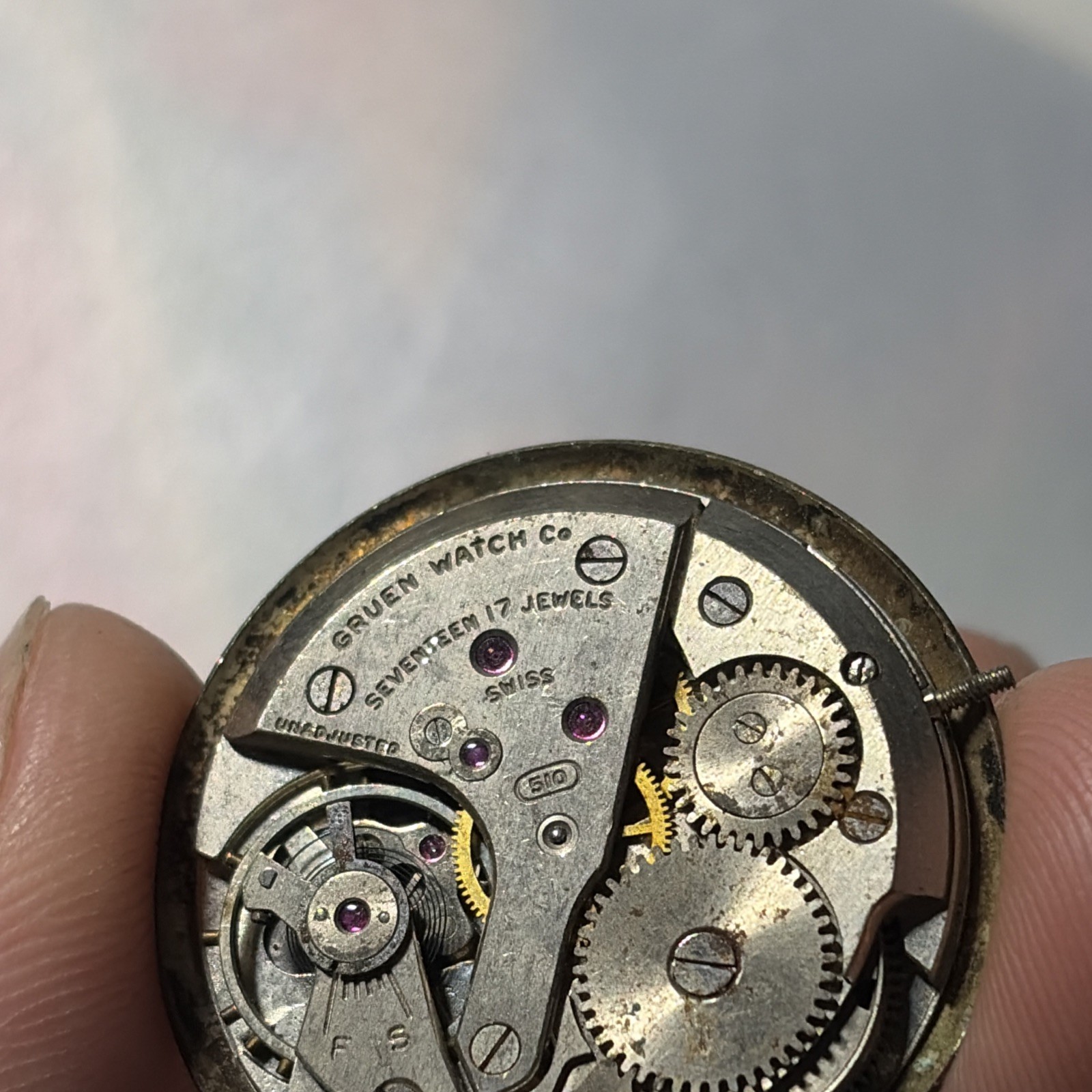 Vintage Gruen Precision 17J Swiss 510 Wrist Watch Movement Parts/Repair AS IS