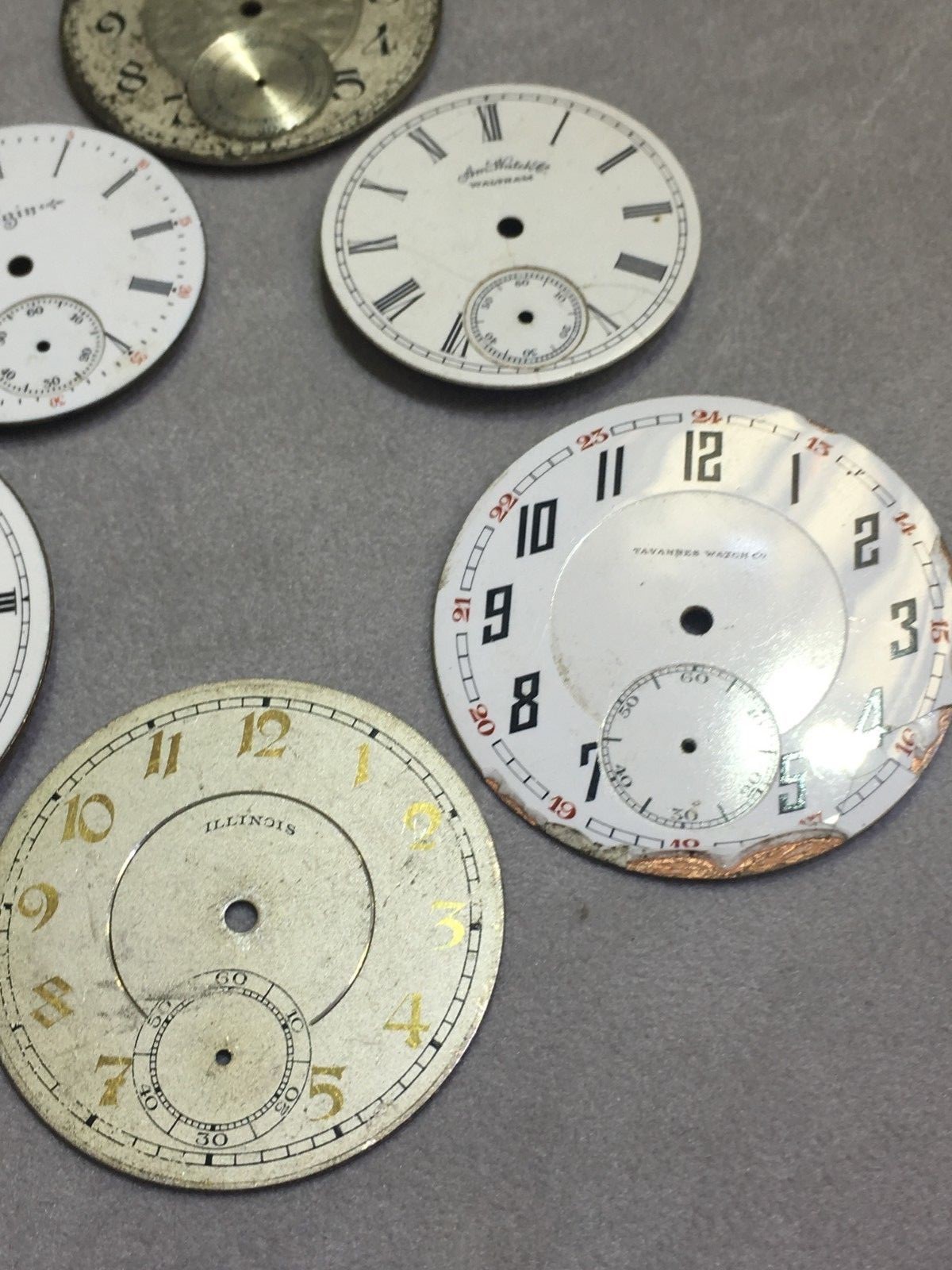 LOT 6 Vintage POCKET WATCH DIALS WALTHAM ILLINOIS ELGIN Parts Repair AS IS