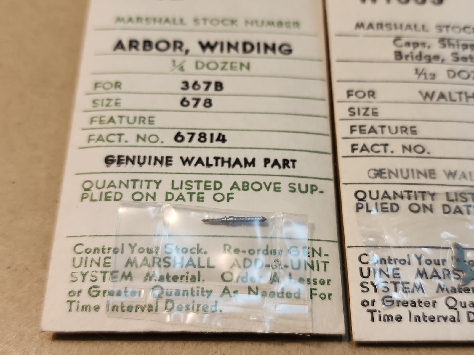 Lot Of NOS Waltham 678 Parts-Winding Arbor, Shipper Bridge Cap, & Balance Staff
