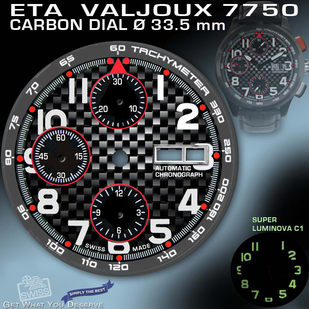 DIAL CARBON FOR MOVEMENT ETA VALJOUX 7750, TACHYMETER RING, BLACK-RED, Ø 33.5mm