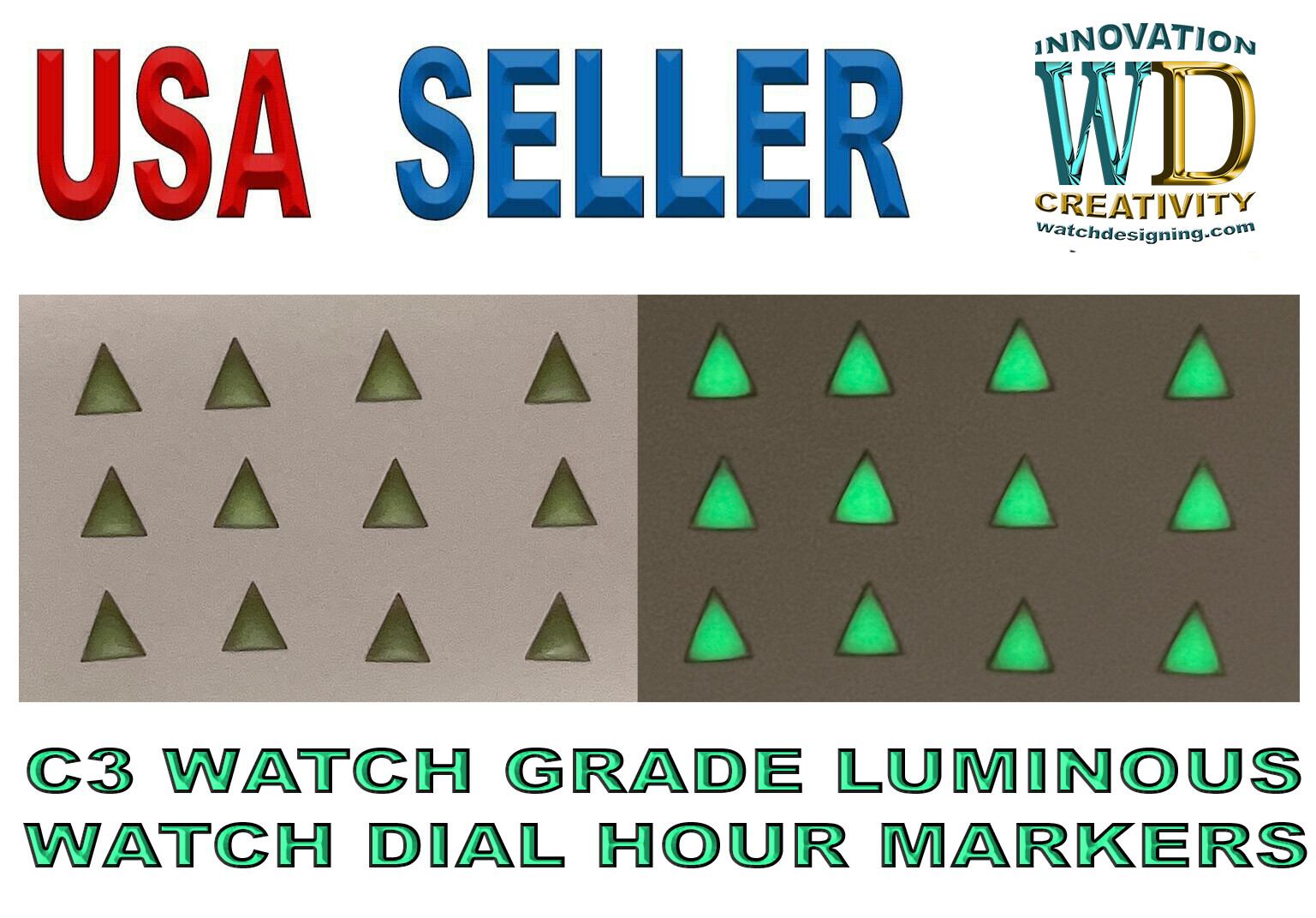 Watch Dial Hour Markers 12 pieces C3 Triangle LUMINOUS Numerals LASER CUT Green