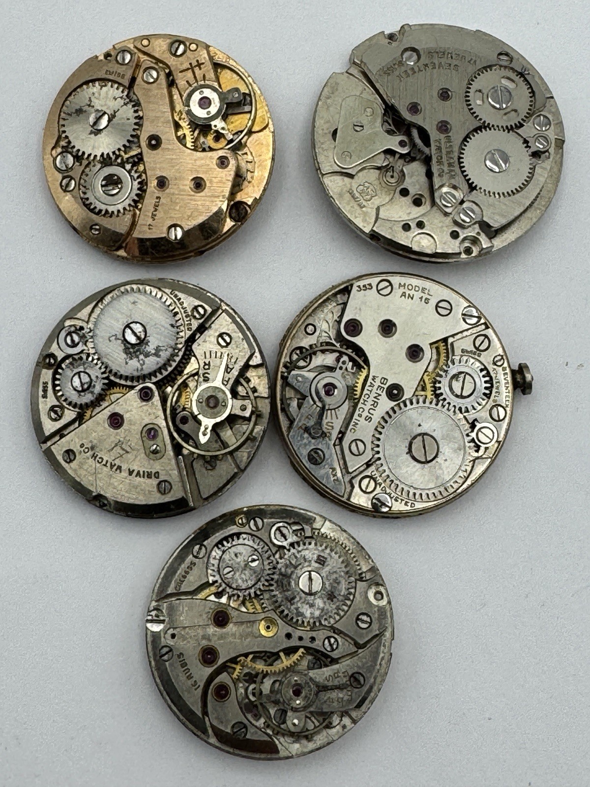 Lot Of 5 Vintage Partial Men’s Watch Movements For Parts Or Repair