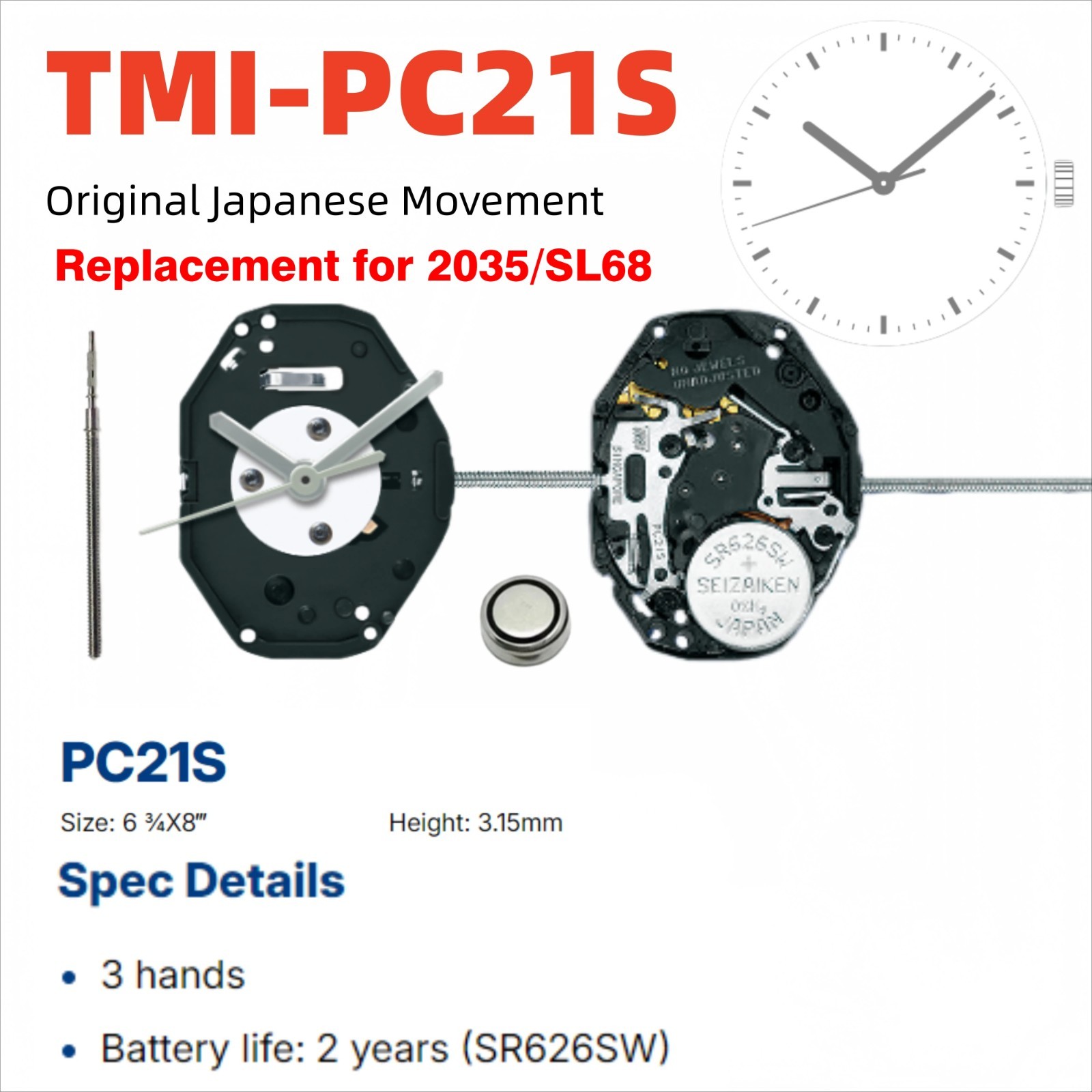 Seiko PC21S PC21J Quartz Watch Movement Reliable Replacement for 3-Hand Watches