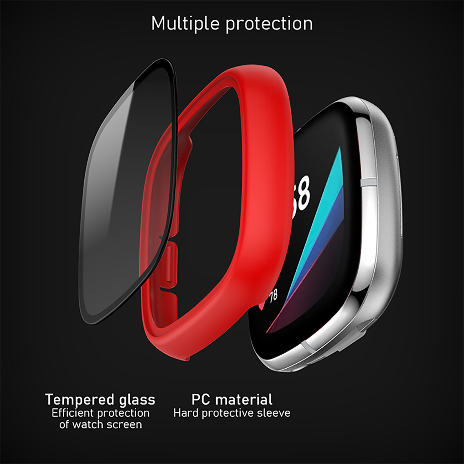 Watch Case PC+Tempered Film Protective Case Cover for Fitbit Versa 3/Sense Watch