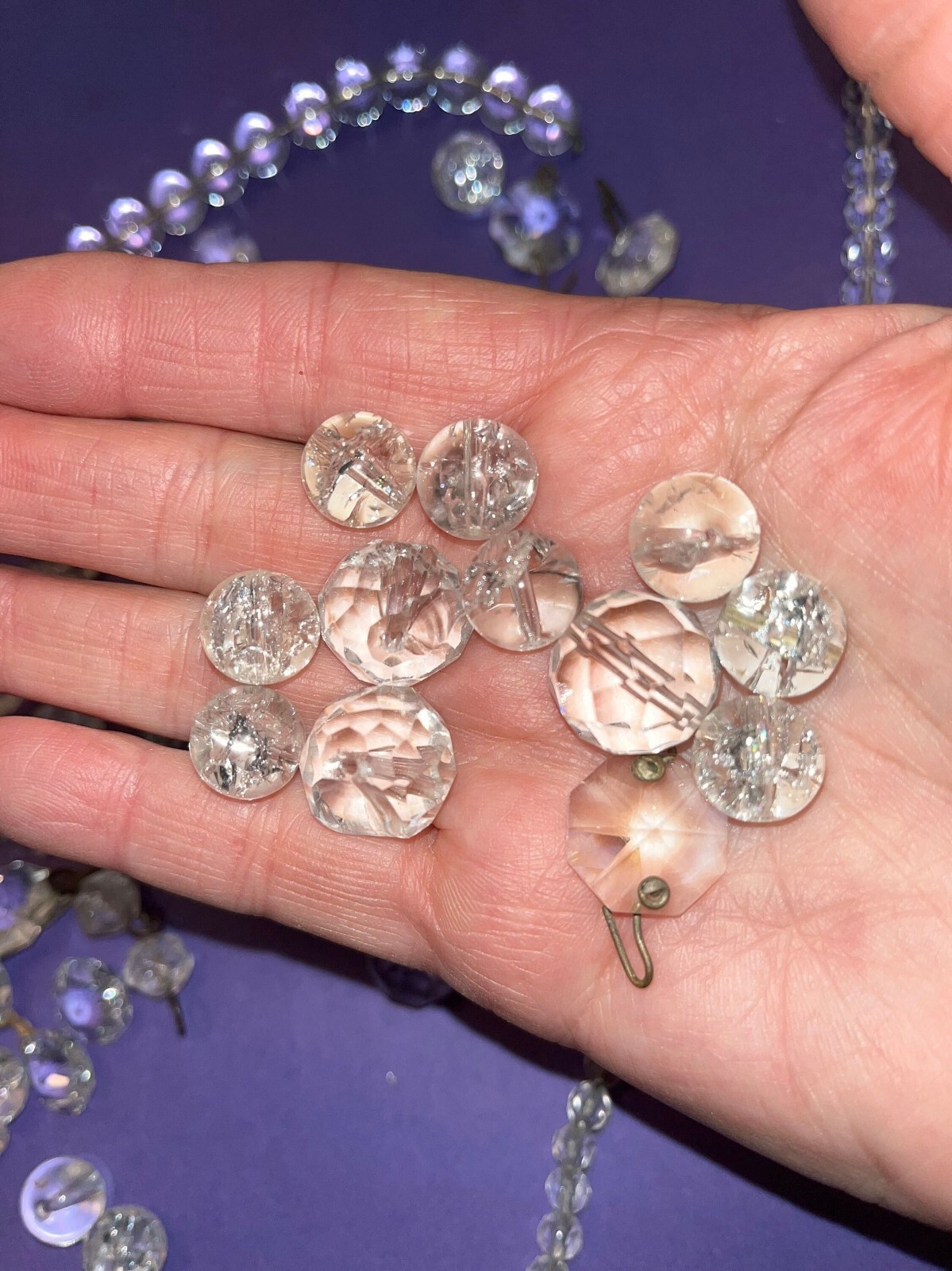 Antique Crystal Lot, 4 Wired Glass Crystals Longest 11″, Round Antique crystals,
