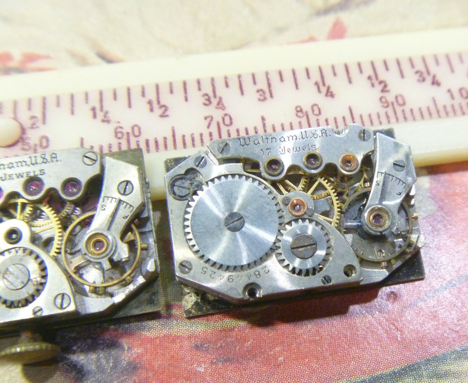 GROUP LOT- TWO Late 1920s Waltham 17J Cut Corner Rectangle Nicer Mvts, Dials !!