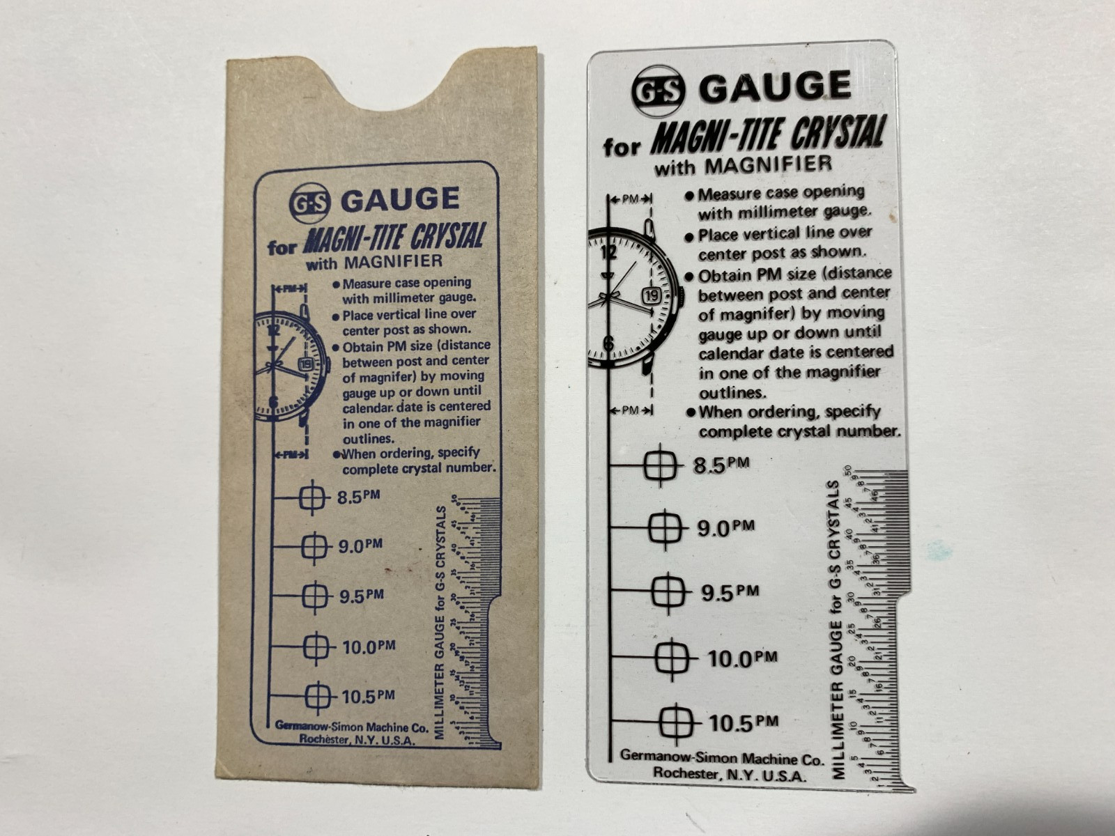 G-S GERMANOW-SIMON WATCH MAKERS GAUGE FOR G-S MAGNI-TITE CRYSTALS with MAGNIFIER