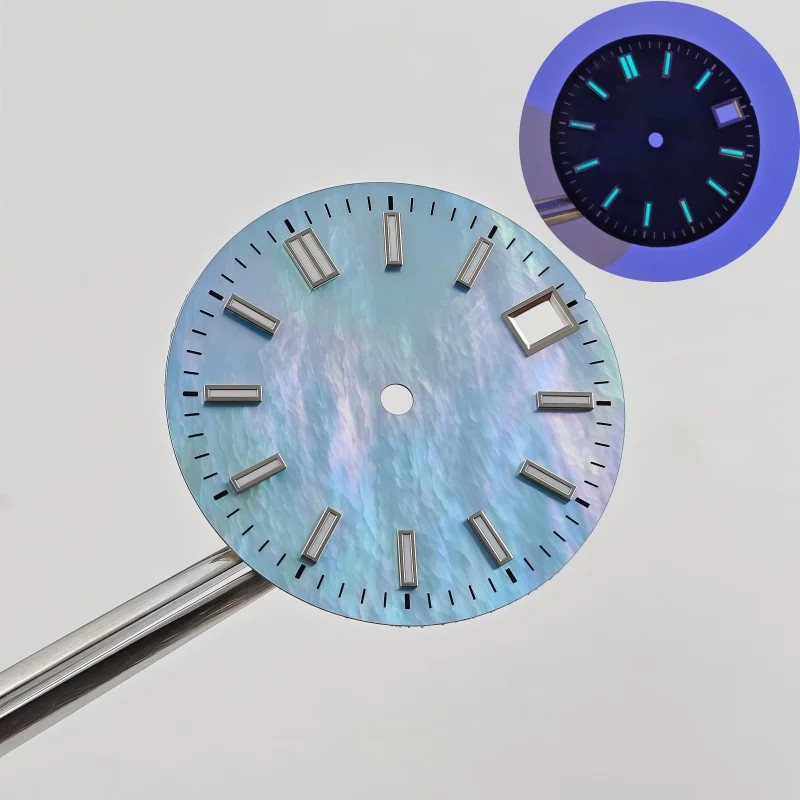28.5mm Pearl Fritillary Watch Dial BGW9 Blue Lume For Nh35 Nh36 Movement Parts