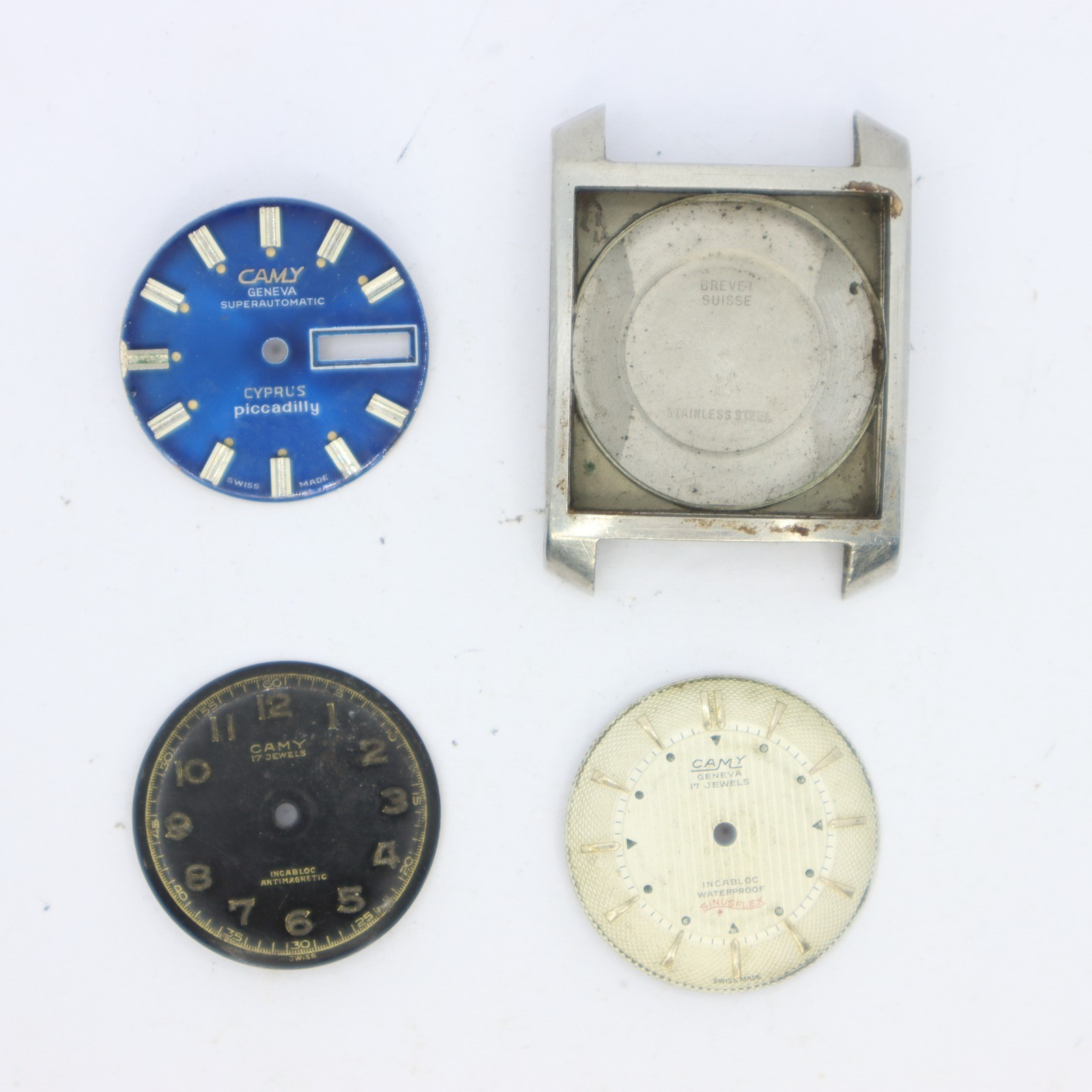 Assorted Vintage Camy Watch Steel Case & Three Dials Watch Parts Swiss Projects