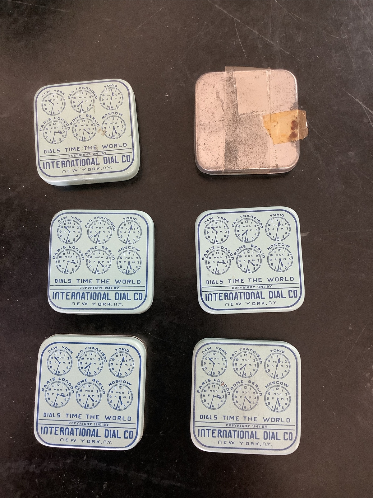Lot of 6 Vintage Advertising International Dial Co Watch Tins Lot New York