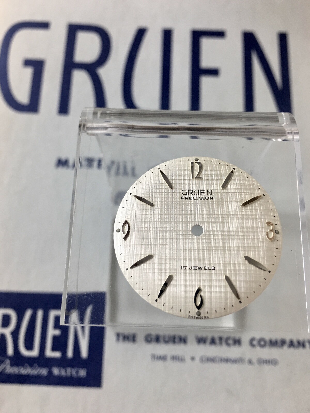 Vintage Gruen 552RSS watch dial silver markers linen finish 29mm NOS 1950s/60s