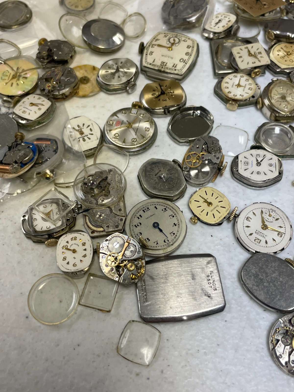 Vintage Watch Repair Parts Lot Movements Cases Dials Crystals Bulova Elgin Craft