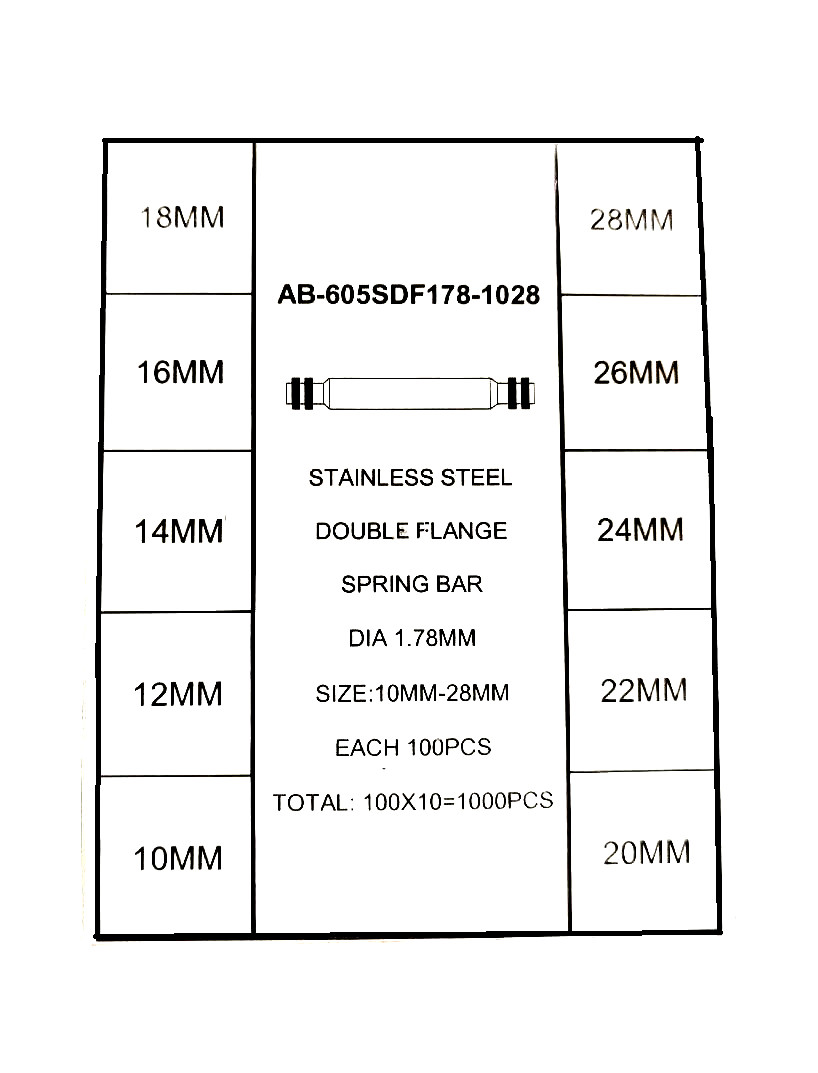 Assortment Of Spring Bar/Double Flange, Dia 1.78 mm/10mm to 20mm, 100 Pcs Each