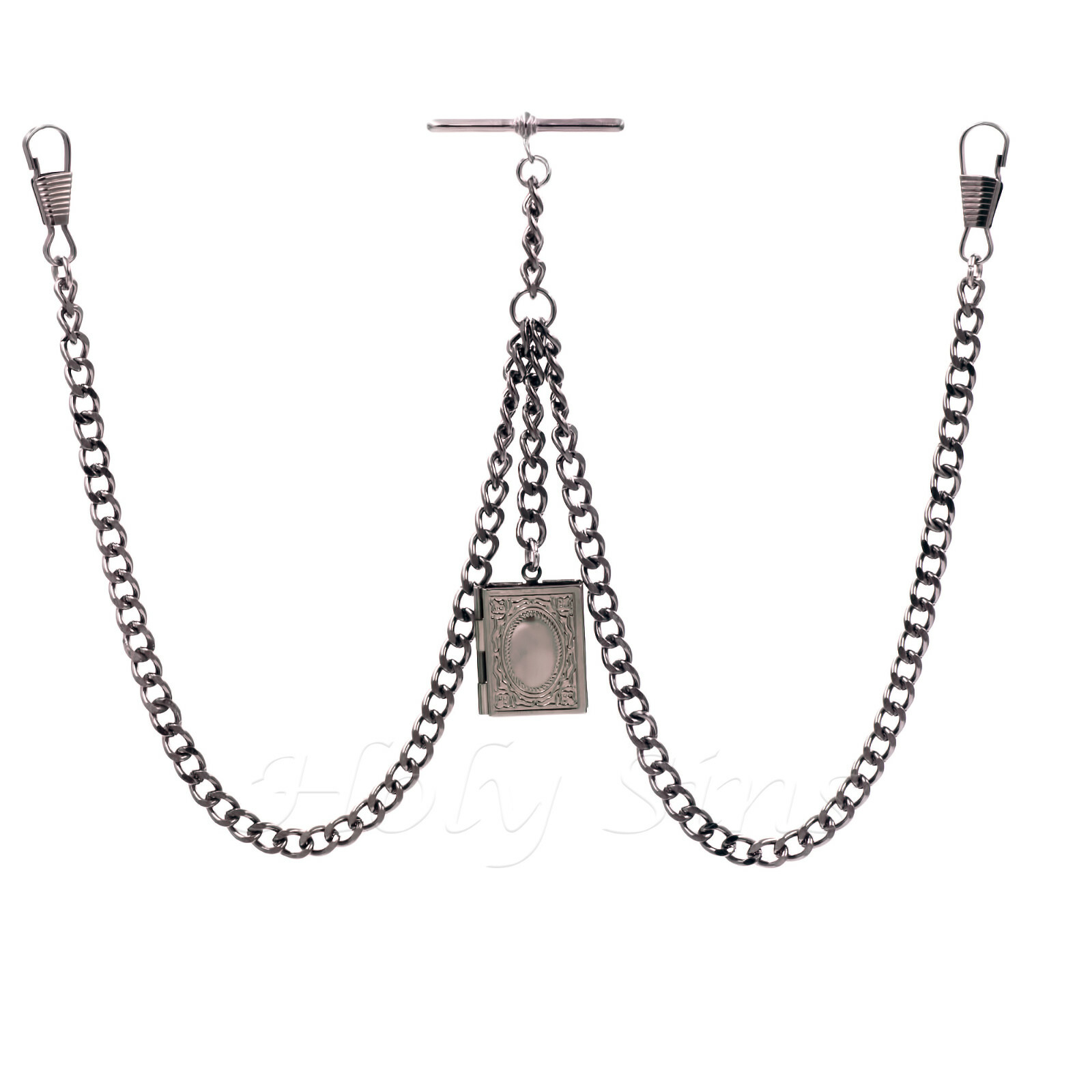Black Gunmetal Colour Double Albert Pocket Watch Chain With Rectangular Locket