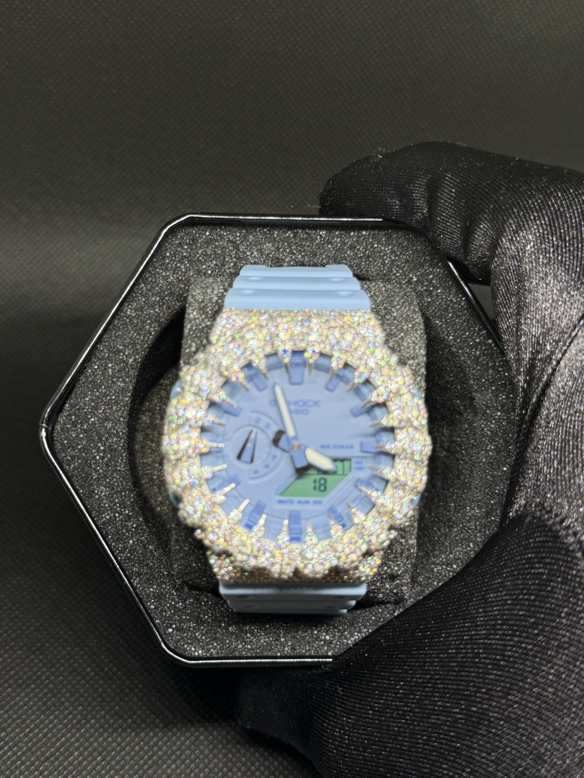 VVS Moissanite Iced Bezel For Casio G Shock GA-2100 Silver Spike Bust Down