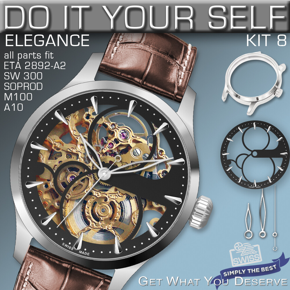 DO IT YOURSELF KIT 8: ELEGANCE CASE 34MM, DIAL, HANDS, fit ETA 2892-A2, SW300