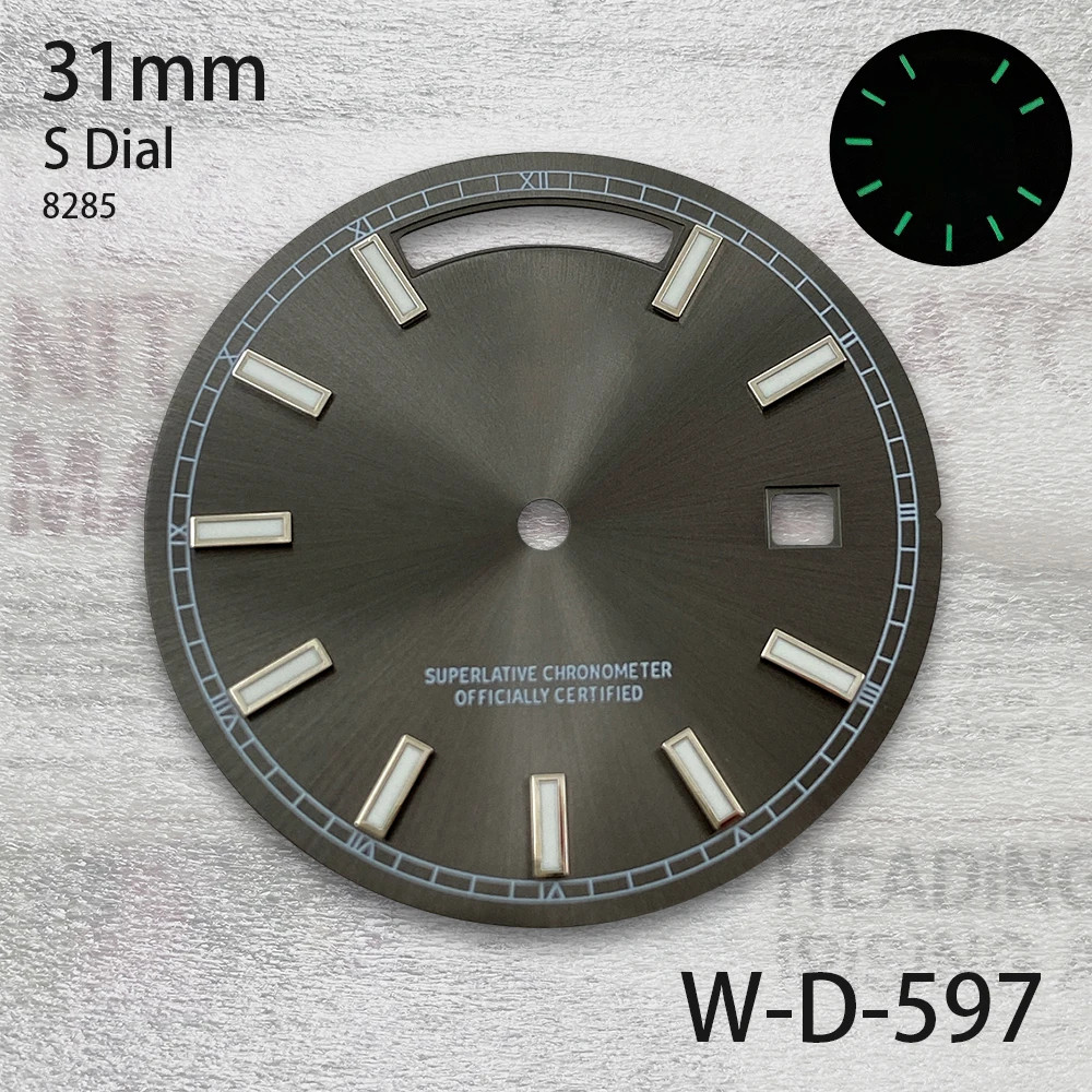 31mm S Logo Day And Date Dial For 8285 Movement Green Lume Watch Accessories