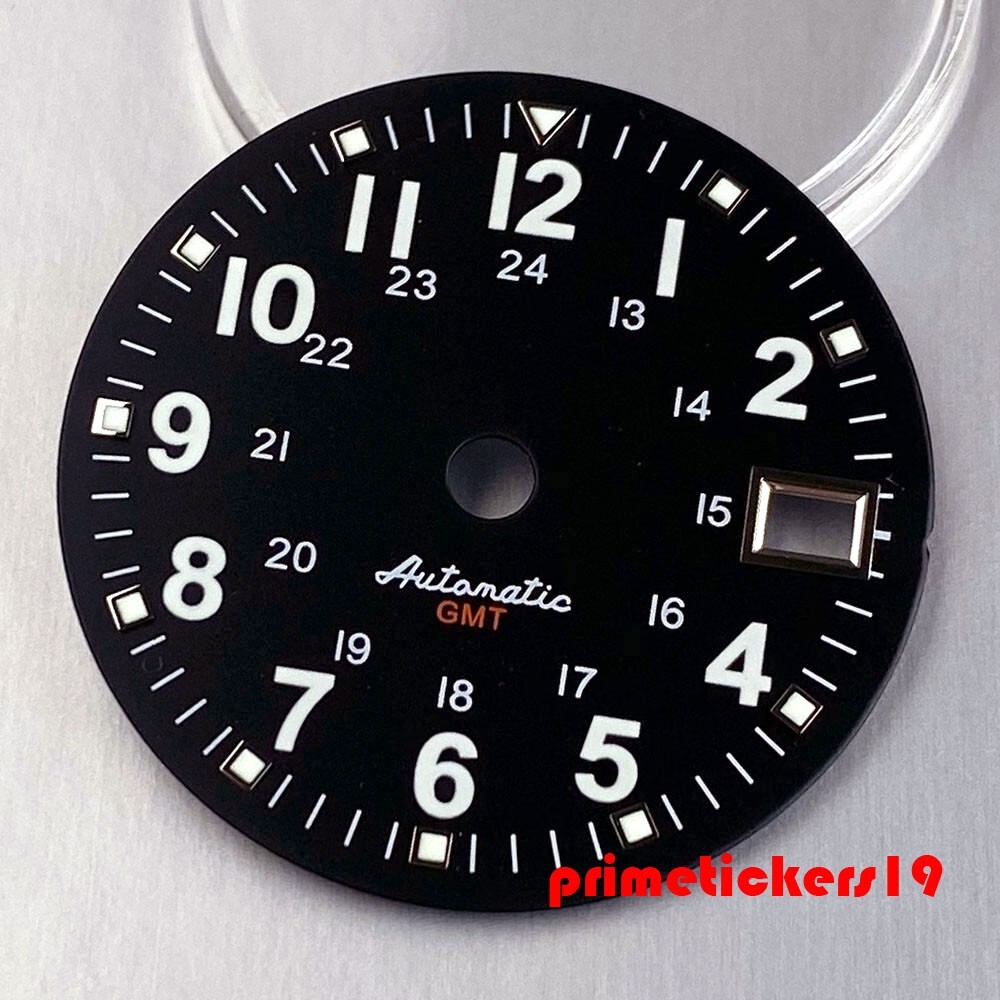 29mm Automatic GMT Pilot Watch Dial+Hands Date Green Lume Wristwatch Mod Parts