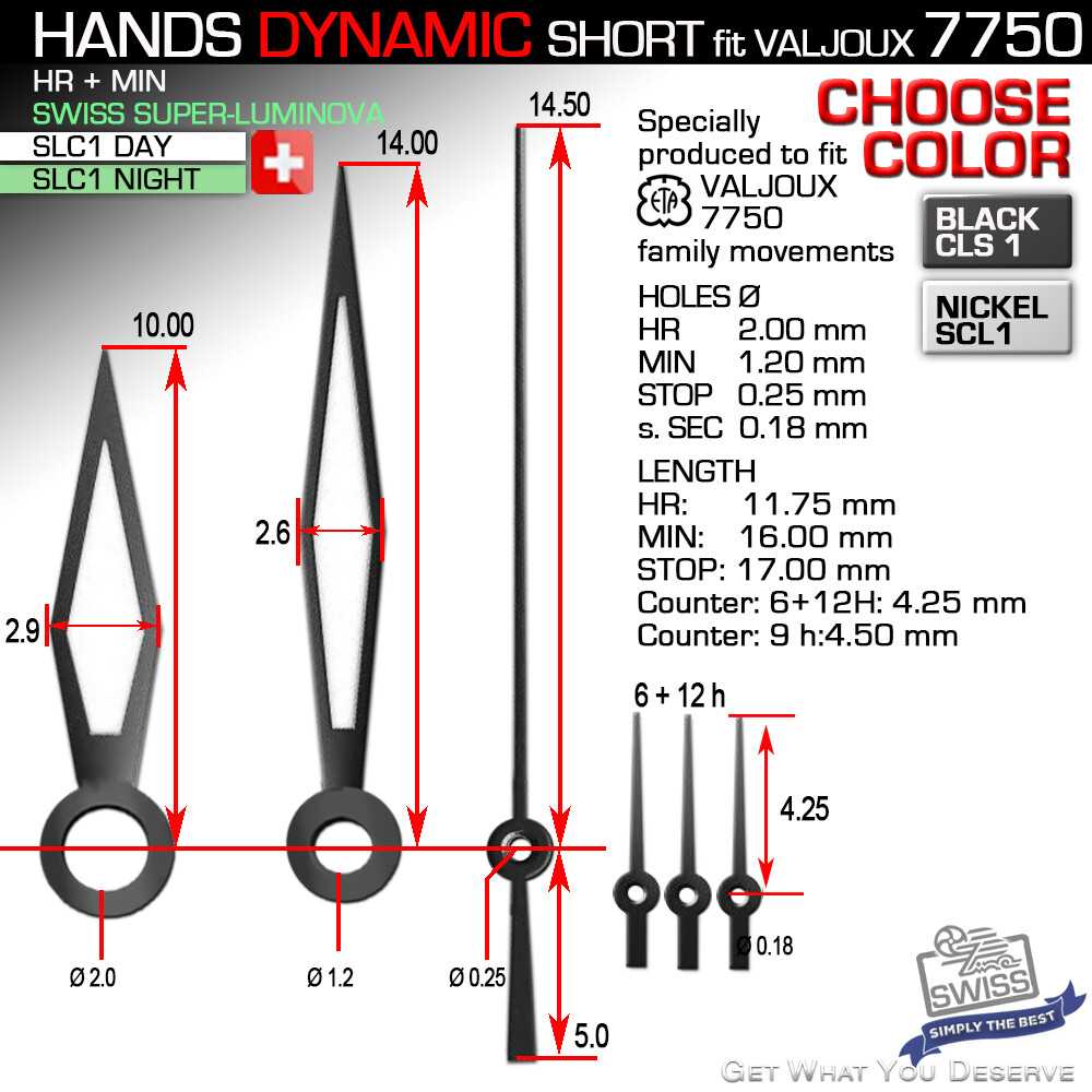 HANDS SET FOR MOVEMENT ETA VALJOUX 7750, Ref. DYNAMIC SHORT SUPERLUMINOVA, CSL1