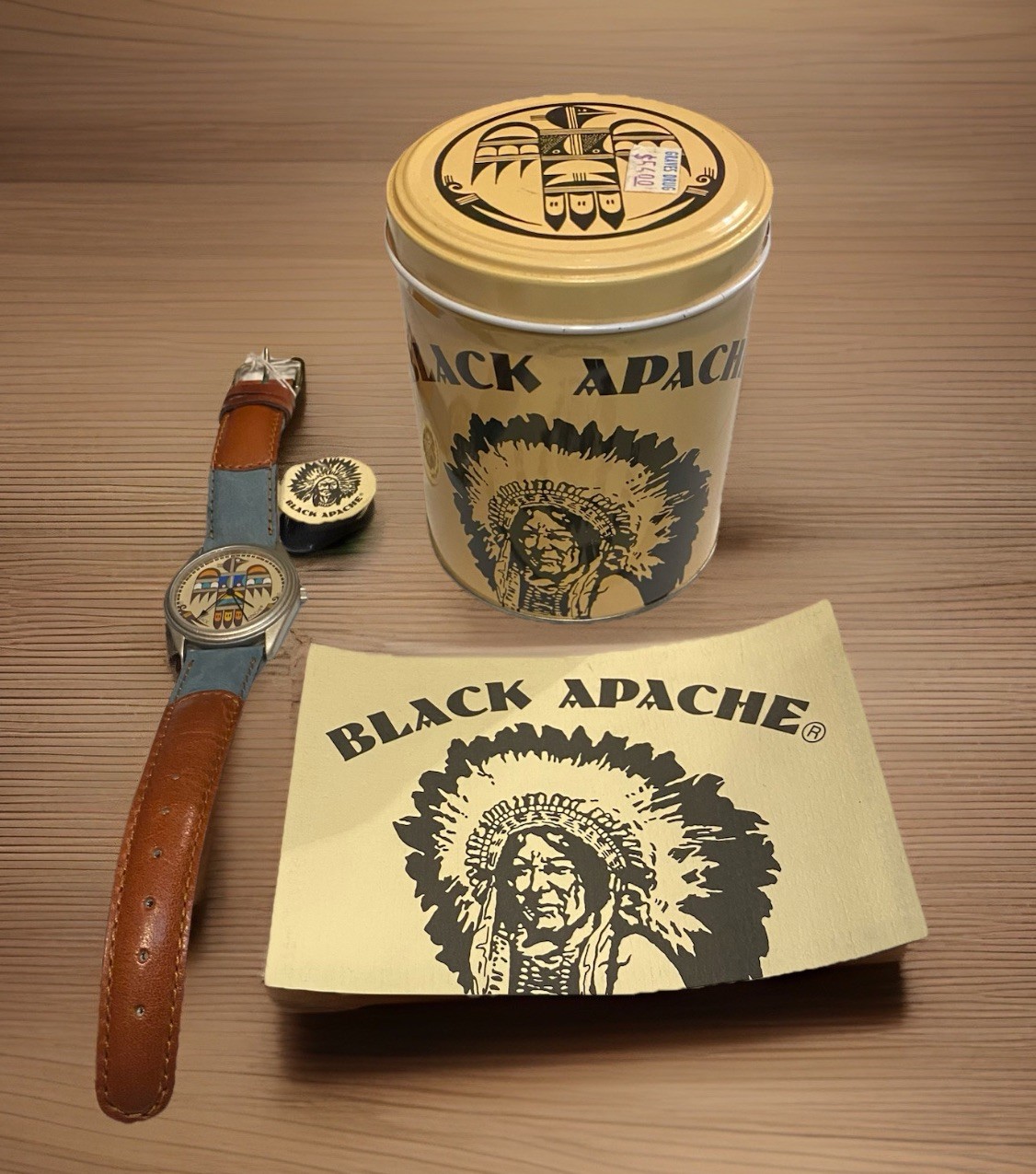 Vintage BLACK APACHE Watch Leather Band French Movement Native American Dial NOS