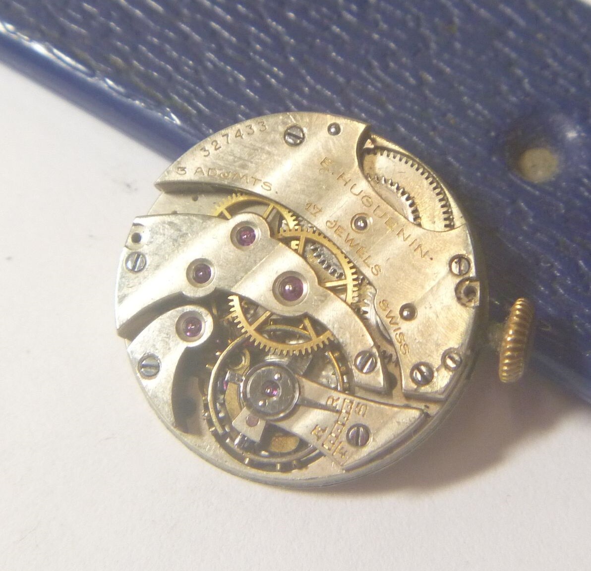 Late 1910s E. Huguenin 17J 3 Adjusts 8 ½ Lignes Hi Grade Movt Dial Hands !!