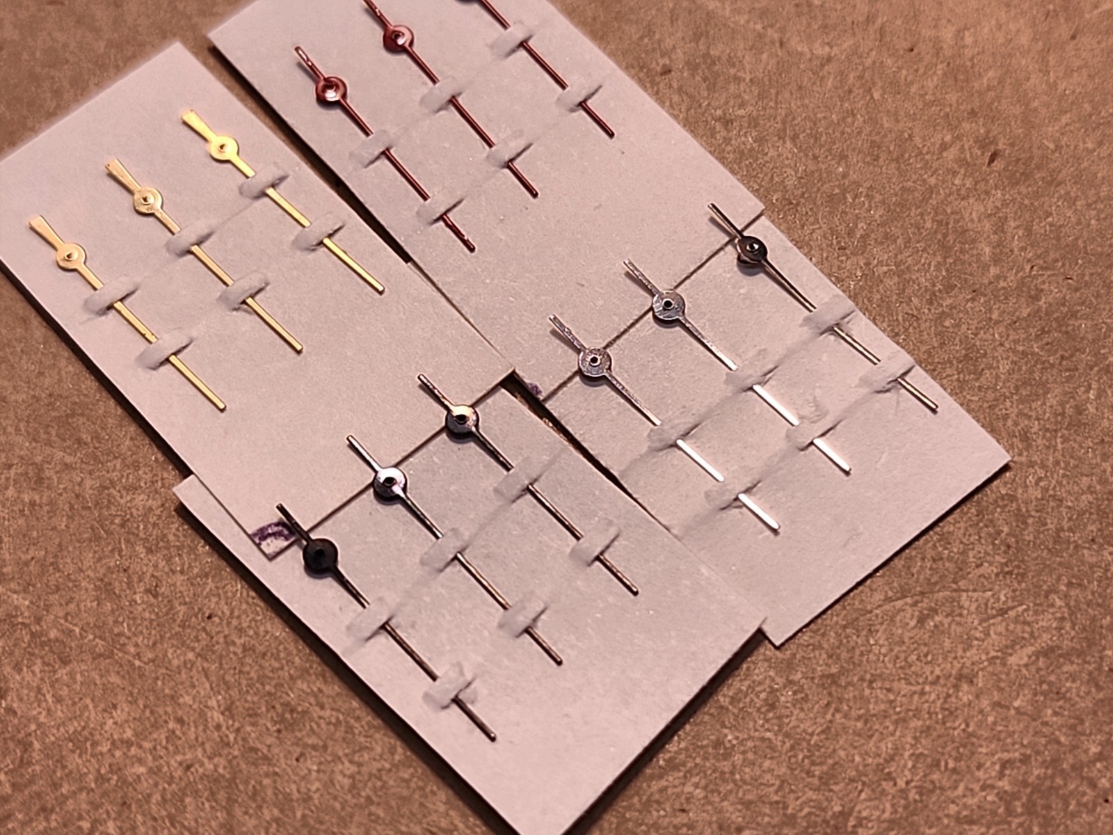 1 Dozen Vintage NOS Sweep Second Hands-Red, Black, Gilt, & Silver