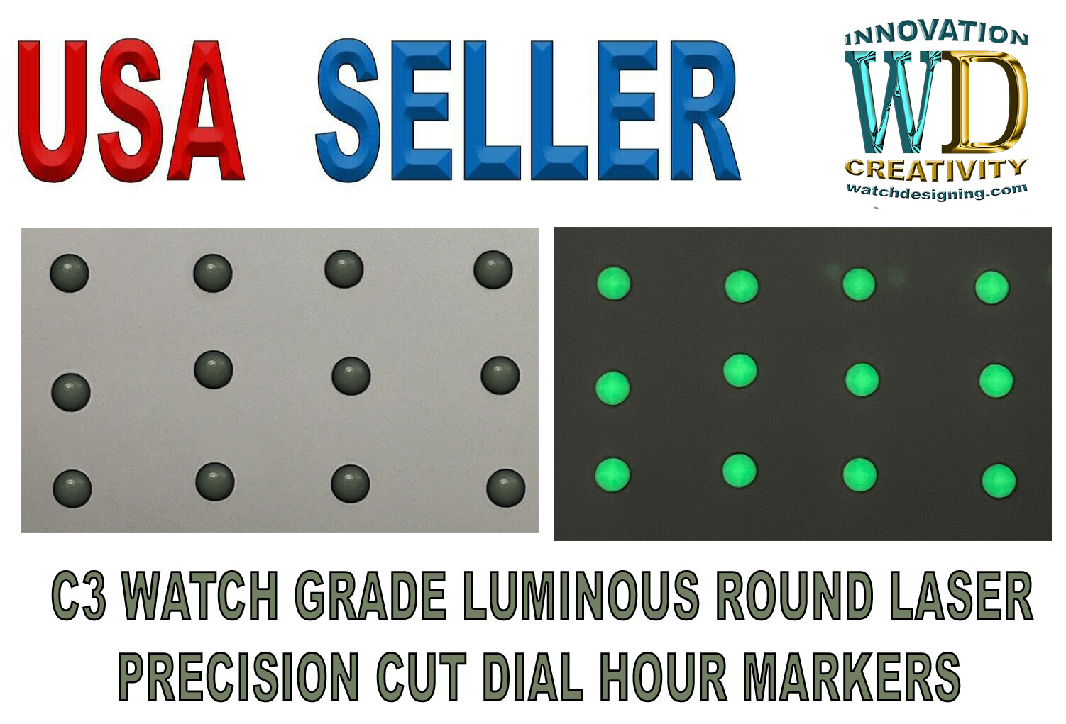 Watch Dial Hour Markers 12 pieces Green 2.5mm LUMINOUS Numerals Dots LASER CUT