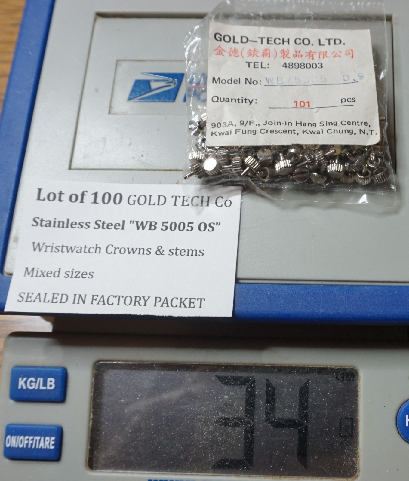 100 GOLD TECH “WB 5005” OS Stainless Steel Watch MIXED SIZES Crowns & stems NOS