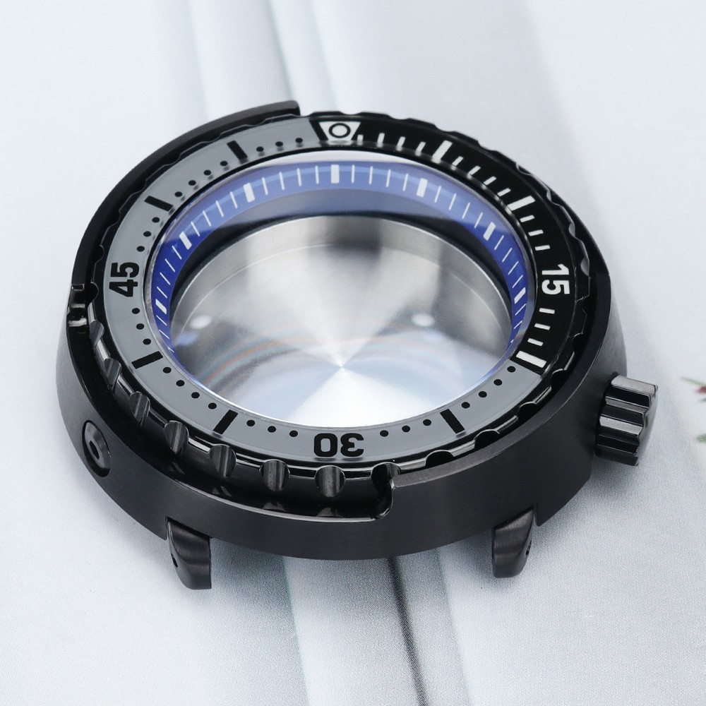 PVD Coated Black 47mm Watch Case Tuna Mod Sapphire Steel For Seiko NH35 Movement