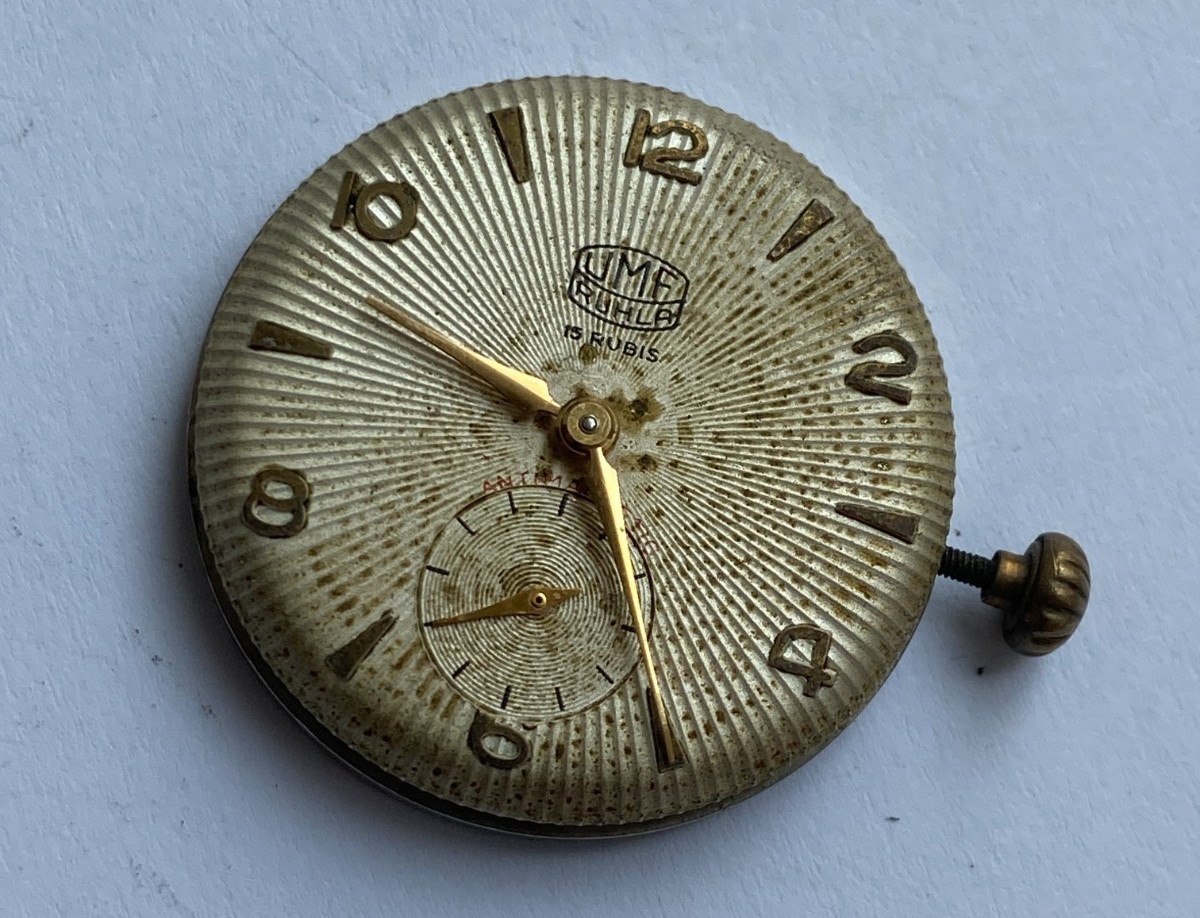 Vinatage MEN watch parts MOVMENT UMF RUHLA 15 JEWELS GERMANY RUNNING DIAL HANDS