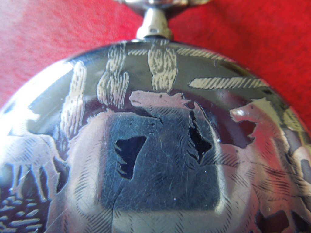 J4939 POCKET WATCH MOVADO NIELLO HORSES FULL HUNTER HUGUENIN FR. SEE DESCR