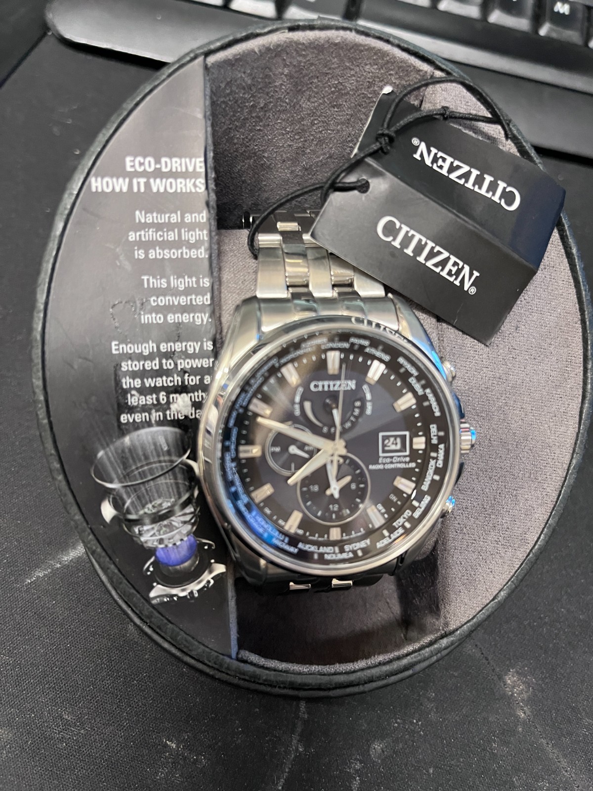 CITIZEN ECO DRIVE SOLAR POWERED RADIO MEN’S WATCH H820-S0925035 NEW OPEN BOX