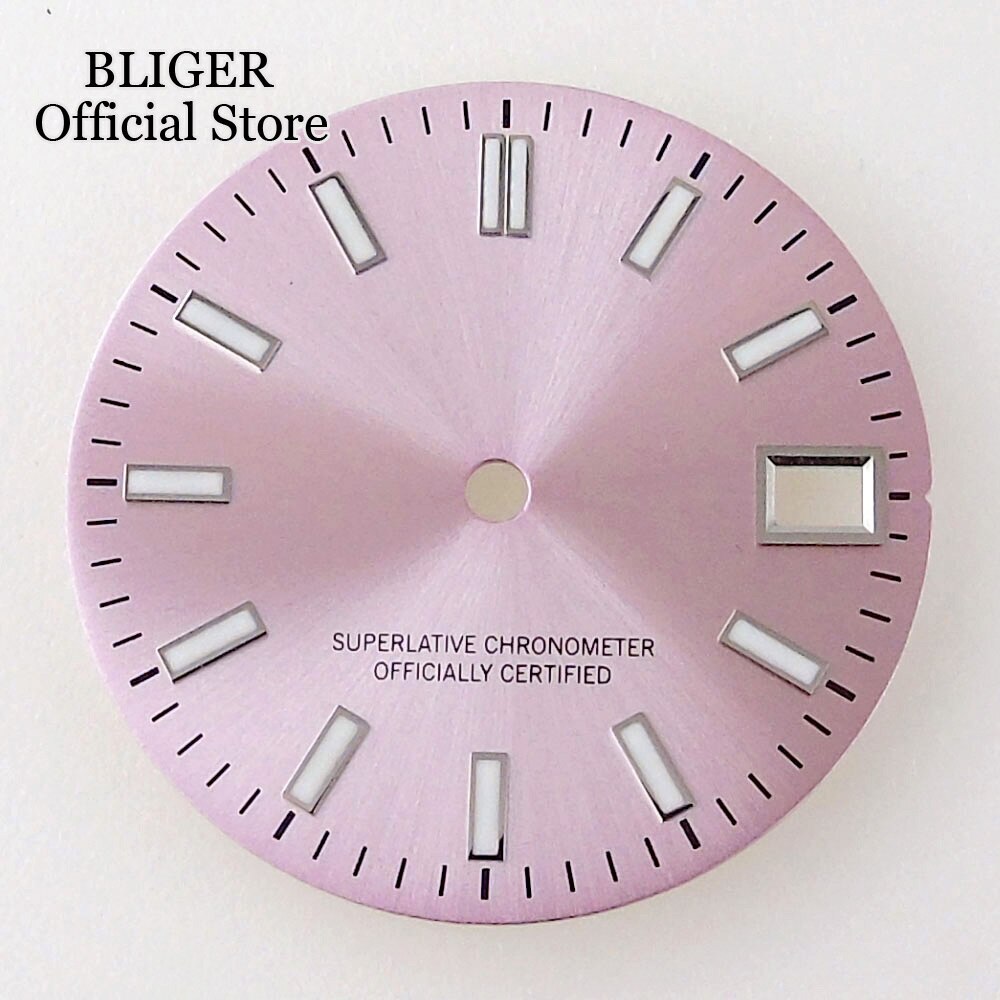 28.5mm Sunburst Pink Silver Watch Dial+Hands Green Lume Fit NH35A NH36A Movement