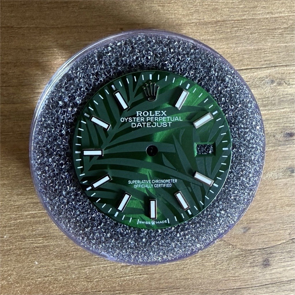 Rolex DateJust 36mm Stainless Steel Custom Greem Palm Motif Blue Lume Dial